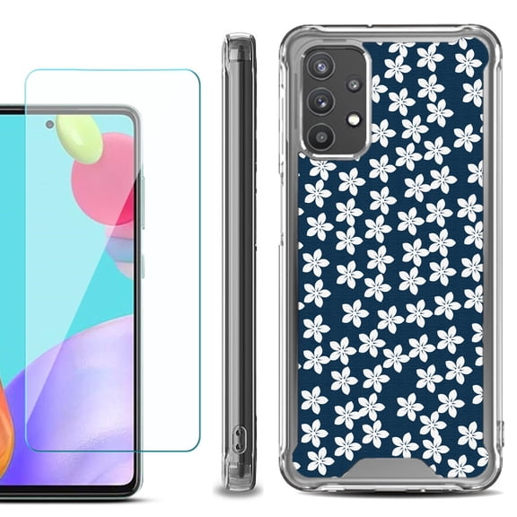 Shockproof Bumper Phone Case for Samsung Galaxy A52 5G, with Tempered Glass Screen Protector, by OneToughShield ® - Flower/Blue