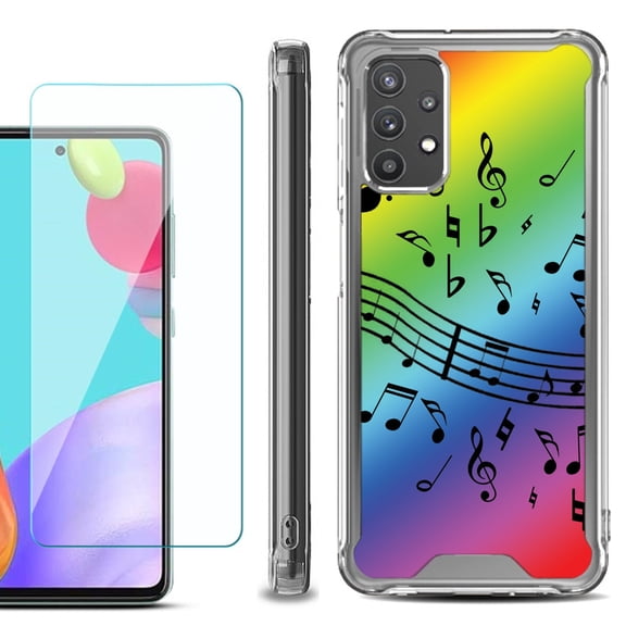 Shockproof Bumper Phone Case for Samsung Galaxy A52 5G, with Tempered Glass Screen Protector, by OneToughShield ® - Music Notes / Rainbow