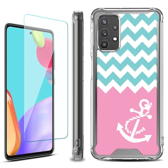 Shockproof Bumper Phone Case for Samsung Galaxy A53 5G, with Tempered Glass Screen Protector, by OneToughShield - Chevron/Anchor