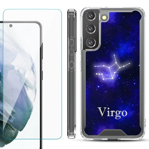Shockproof Bumper Phone Case for Samsung Galaxy S22 5G, with Tempered Glass Screen Protector, by OneToughShield ® - Zodiac / Virgo