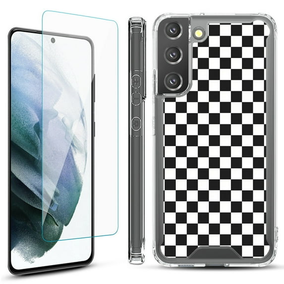 Shockproof Bumper Phone Case for Samsung Galaxy S22+ / S22 Plus 5G, with Tempered Glass Screen Protector, by OneToughShield ® - Checker B/W