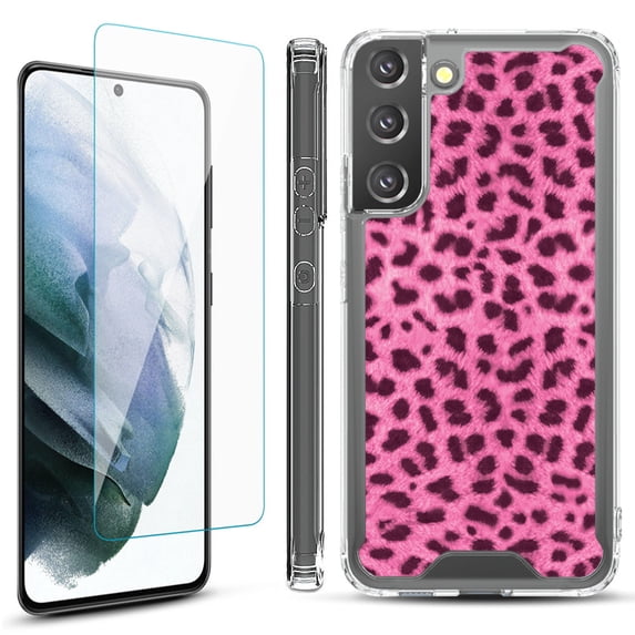 Shockproof Bumper Phone Case for Samsung Galaxy S22+ / S22 Plus 5G, with Tempered Glass Screen Protector, by OneToughShield ® - Cheetah Pink