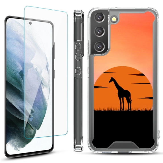 Shockproof Bumper Phone Case for Samsung Galaxy S22+ / S22 Plus 5G, with Tempered Glass Screen Protector, by OneToughShield ® - Sunset Giraffe