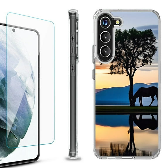 Shockproof Bumper Phone Case for Samsung Galaxy S23 5G, with Tempered Glass Screen Protector, by OneToughShield ® - Horse Tree