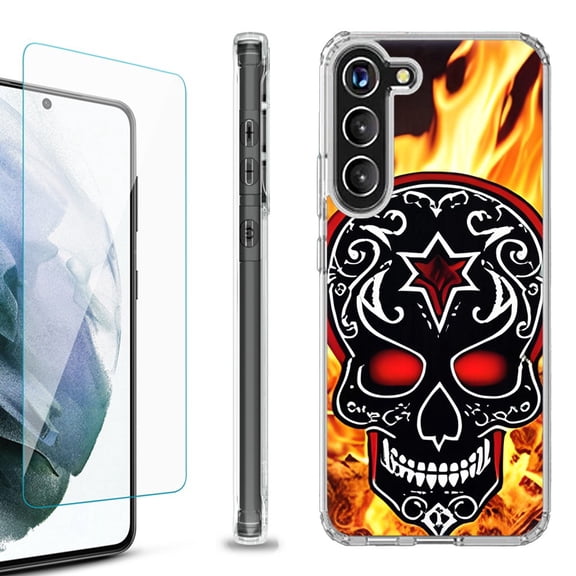 Shockproof Bumper Phone Case for Samsung Galaxy S23 5G, with Tempered Glass Screen Protector, by OneToughShield - Skull Flames