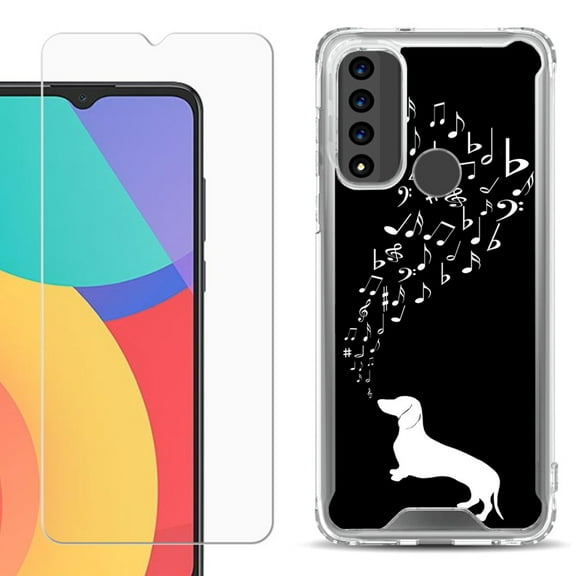 Shockproof Bumper Phone Case for TCL 20 XE, with Tempered Glass Screen Protector, by OneToughShield ® - Dachshund/Puppy Music