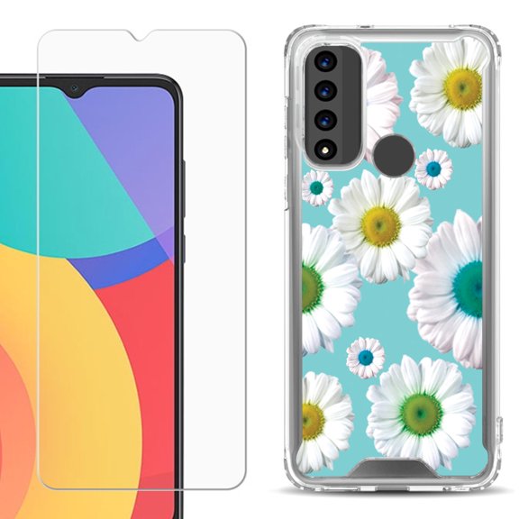 Shockproof Bumper Phone Case for TCL 20 XE, with Tempered Glass Screen Protector, by OneToughShield ® - Daisy/Teal