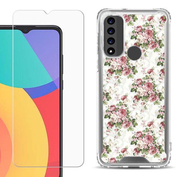 Shockproof Bumper Phone Case for TCL 20 XE, with Tempered Glass Screen Protector, by OneToughShield ® - Floral/Rose