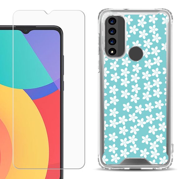 Shockproof Bumper Phone Case for TCL 20 XE, with Tempered Glass Screen Protector, by OneToughShield ® - Flower/Teal