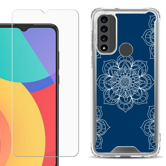 Shockproof Bumper Phone Case for TCL 20 XE, with Tempered Glass Screen Protector, by OneToughShield ® - Mandala / Blue