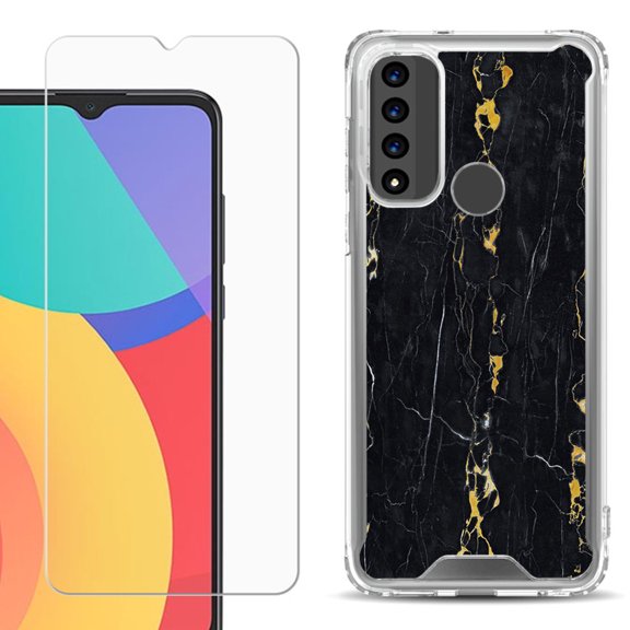 Shockproof Bumper Phone Case for TCL 20 XE, with Tempered Glass Screen Protector, by OneToughShield ® - Marble / Gold/Black