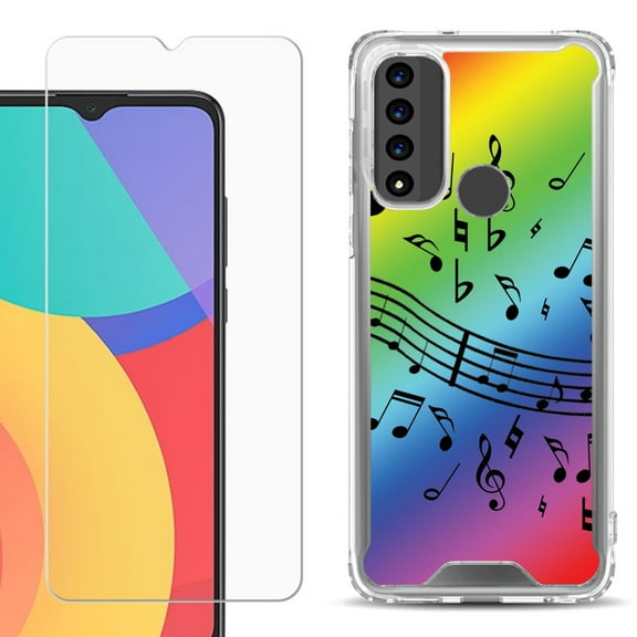 Shockproof Bumper Phone Case for TCL 20 XE, with Tempered Glass Screen Protector, by OneToughShield ® - Music Notes / Rainbow