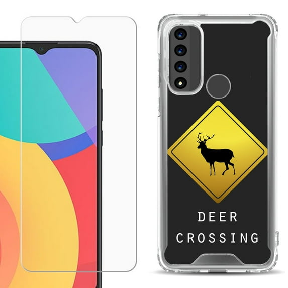 Shockproof Bumper Phone Case for TCL 20 XE, with Tempered Glass Screen Protector, by OneToughShield ® - Road Sign Deer