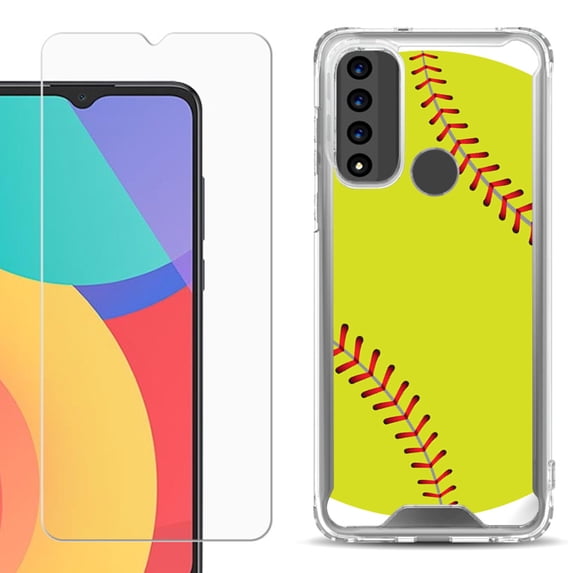 Shockproof Bumper Phone Case for TCL 20 XE, with Tempered Glass Screen Protector, by OneToughShield ® - Softball Green