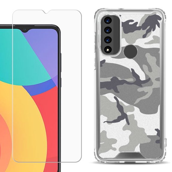 Shockproof Bumper Phone Case for TCL 20 XE, with Tempered Glass Screen Protector, by OneToughShield ® - Urban Camo
