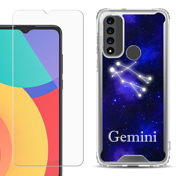 Shockproof Bumper Phone Case for TCL 20 XE, with Tempered Glass Screen Protector, by OneToughShield ® - Zodiac / Gemini