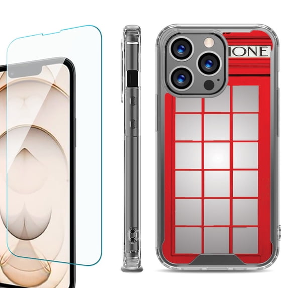 Shockproof Bumper Phone Case for iPhone 13 Pro Max, with Tempered Glass Screen Protector, by OneToughShield ® - Phone Booth Red