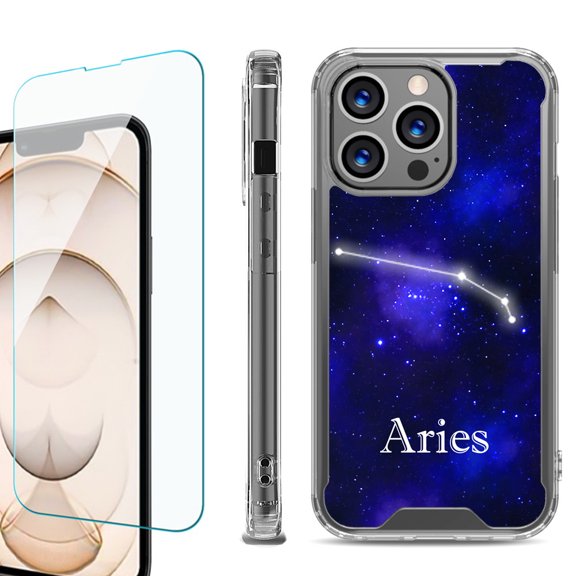 Shockproof Bumper Phone Case for iPhone 13 Pro Max, with Tempered Glass Screen Protector, by OneToughShield - Zodiac / Aries