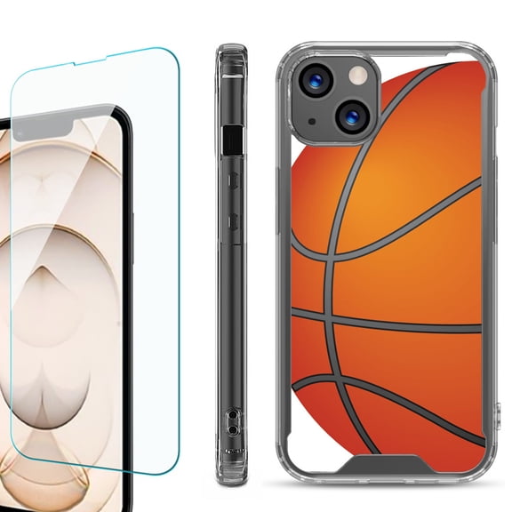 Shockproof Bumper Phone Case for iPhone 13, with Tempered Glass Screen Protector, by OneToughShield ® - Basketball
