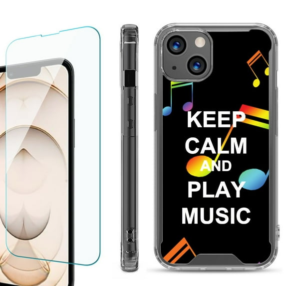 Shockproof Bumper Phone Case for iPhone 13, with Tempered Glass Screen Protector, by OneToughShield ® - Keep Calm Music