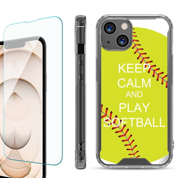 Shockproof Bumper Phone Case for iPhone 13, with Tempered Glass Screen Protector, by OneToughShield ® - Keep Calm Softball