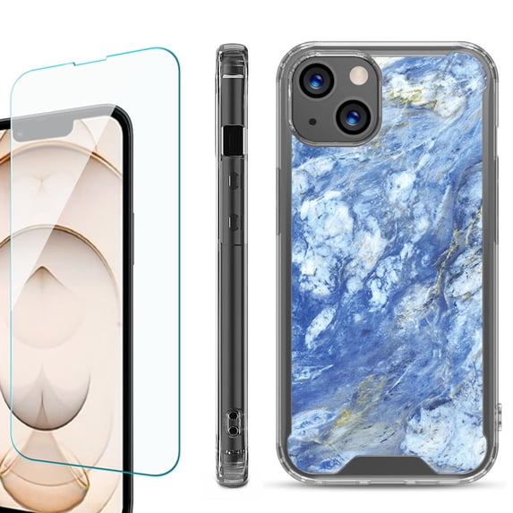Shockproof Bumper Phone Case for iPhone 13, with Tempered Glass Screen Protector, by OneToughShield ® - Marble / Gem Blue