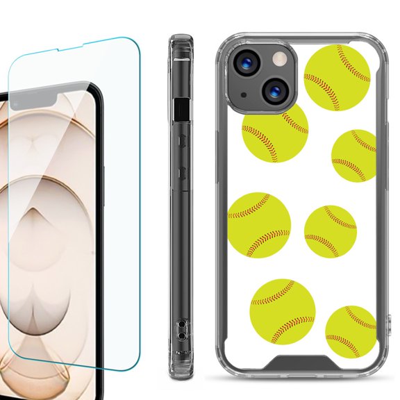 Shockproof Bumper Phone Case for iPhone 13, with Tempered Glass Screen Protector, by OneToughShield ® - Softball Seven