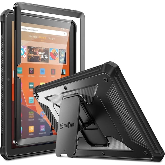 Shockproof Case for All-New Fire HD 10 Tablet (13th Generation 10.1", 2023 Release), [Tuatara] Rugged Unibody Hybrid Bumper Kickstand Cover with Built-in Screen Protector, Black