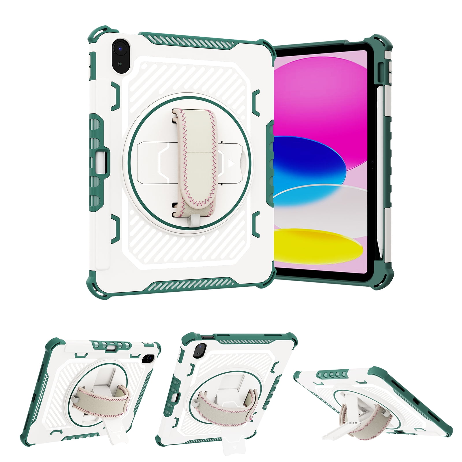 Shockproof Case for Apple iPad 11th 10th Generation 10.9 Inch 2025/2024 - Heavy Duty Protective Cover with Built-in Pencil Holder, 360° Rotating Kickstand, Hand Strap & Rugged Drop Protection,Green