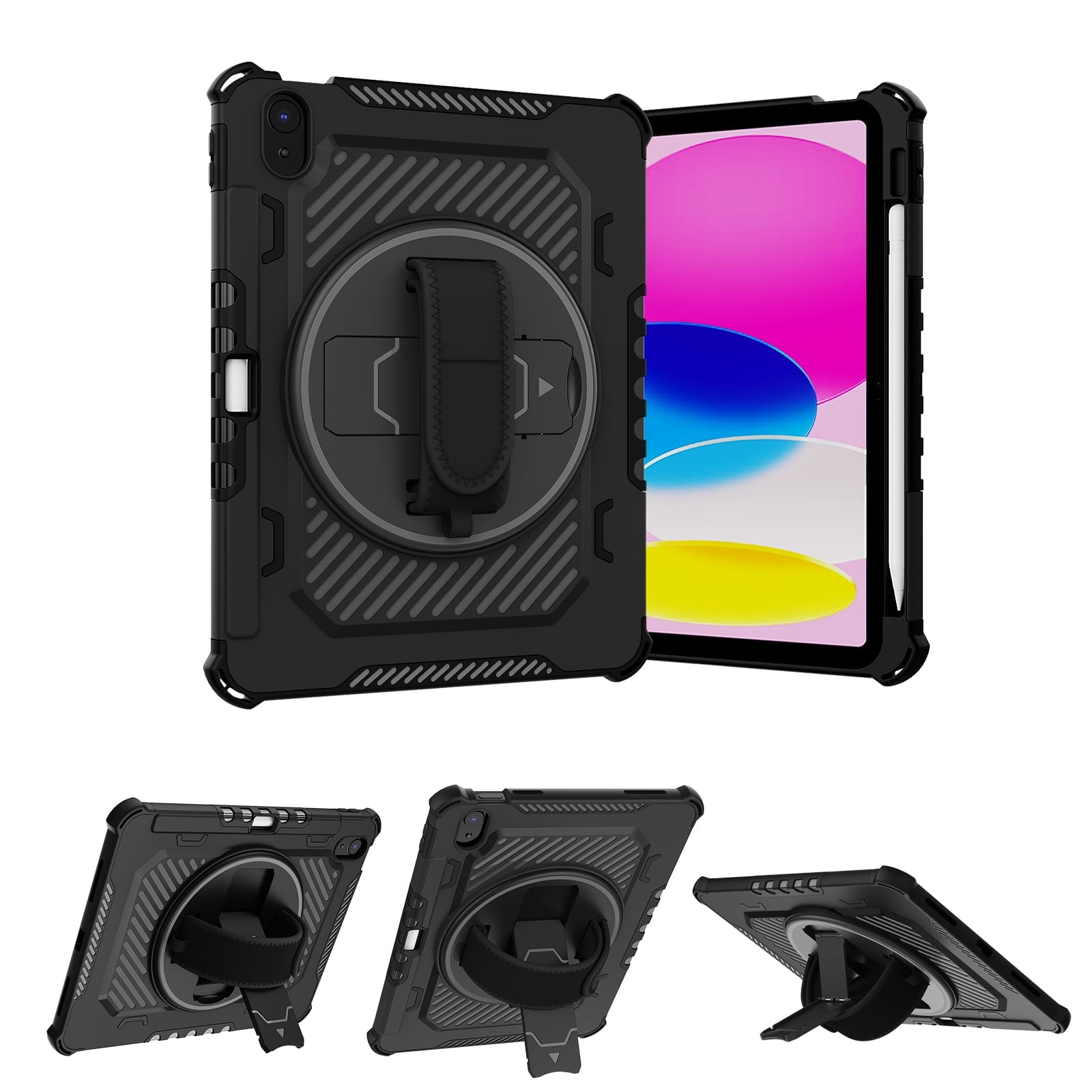 Shockproof Case for Apple iPad 11th 10th Generation 10.9 Inch 2025/2024 - Heavy Duty Protective Cover with Built-in Pencil Holder, 360° Rotating Kickstand, Hand Strap & Rugged Drop Protection,Black