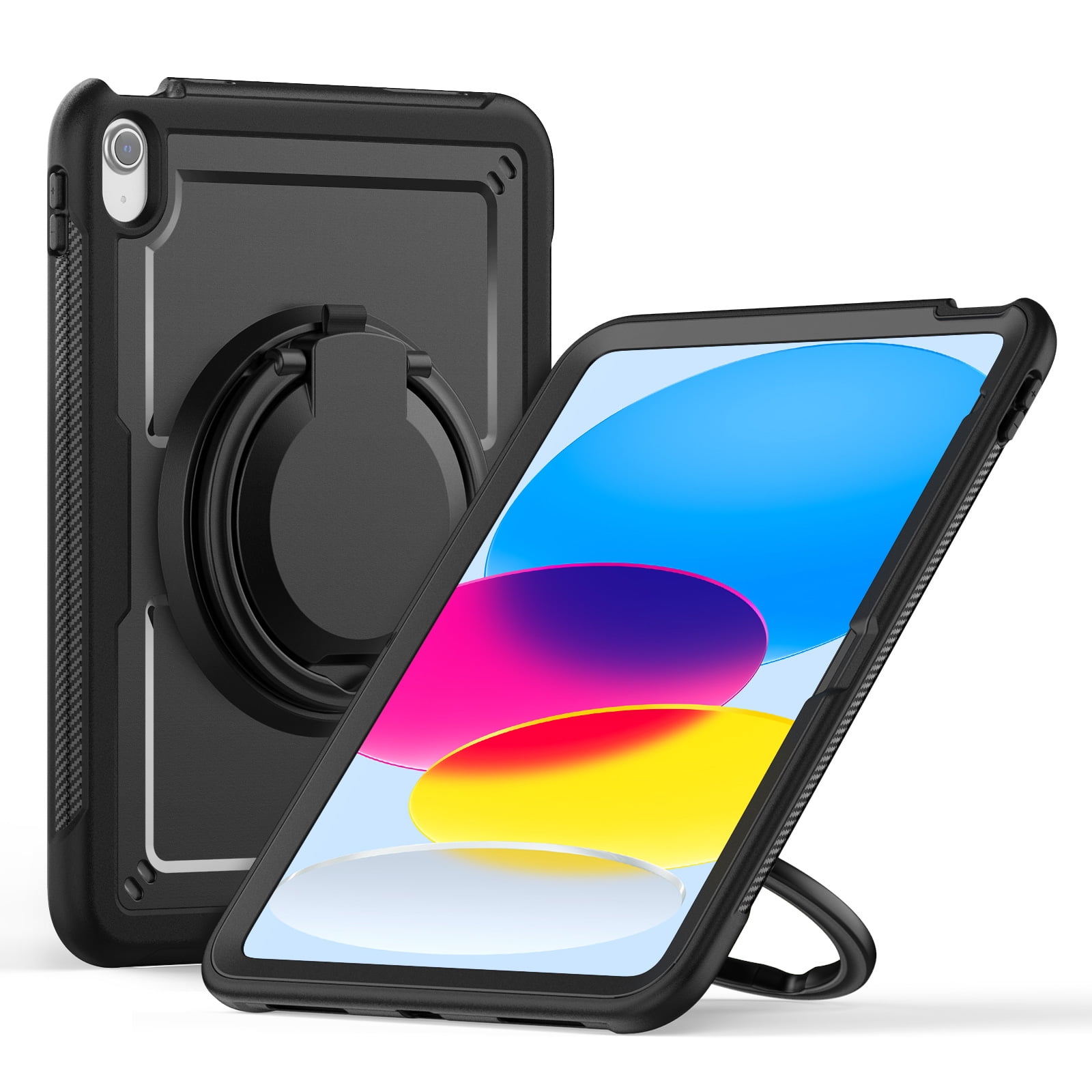 Shockproof Case for Apple iPad 11th 10th Generation 2025 2022, Rugged Hybrid Protective Cover with Pencil Holder & Shoulder Strap Kids Friendly Rotating Stand Case for iPad 11th 10th Gen, Black