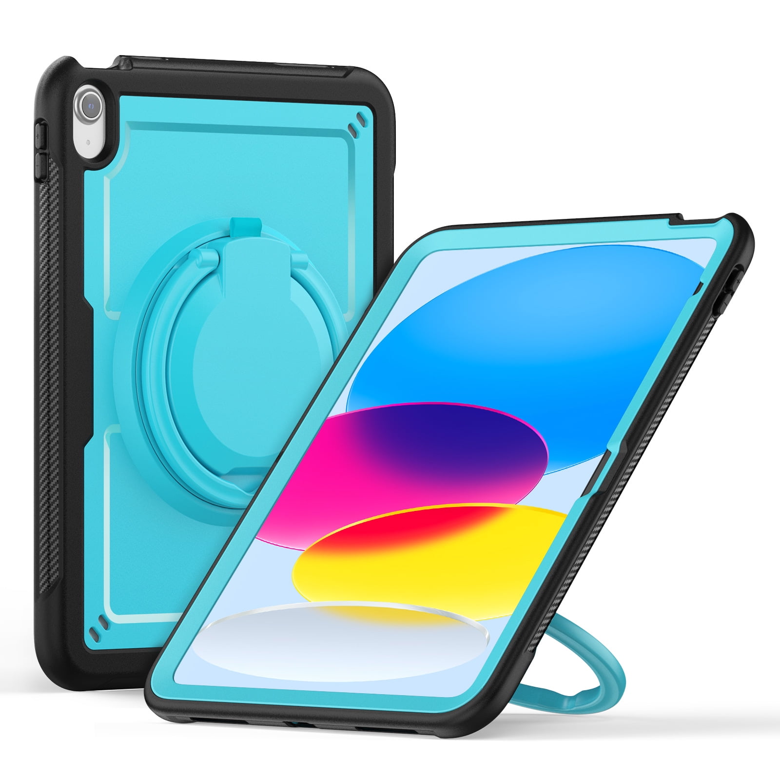Shockproof Case for Apple iPad 11th 10th Generation 2025 2022, Rugged Hybrid Protective Cover with Pencil Holder & Shoulder Strap Kids Friendly Rotating Stand Case for iPad 11th 10th Gen, Lightblue