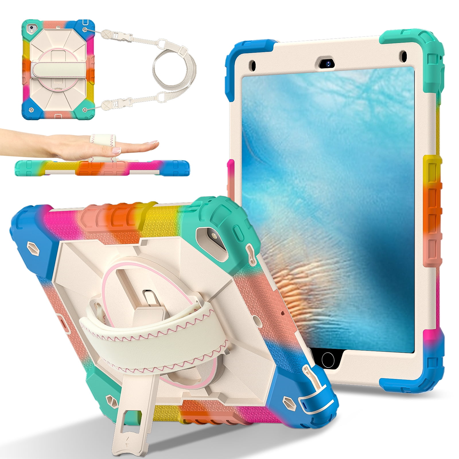 Shockproof Case for Apple iPad 6th 5th Generation 2018 2017 / iPad Air 2 9.7 Inch, Rotating Kickstand Pencil Holder Shoulder Strap Hand Strap Kids Friendly Bumper Cover, Colorful Blue