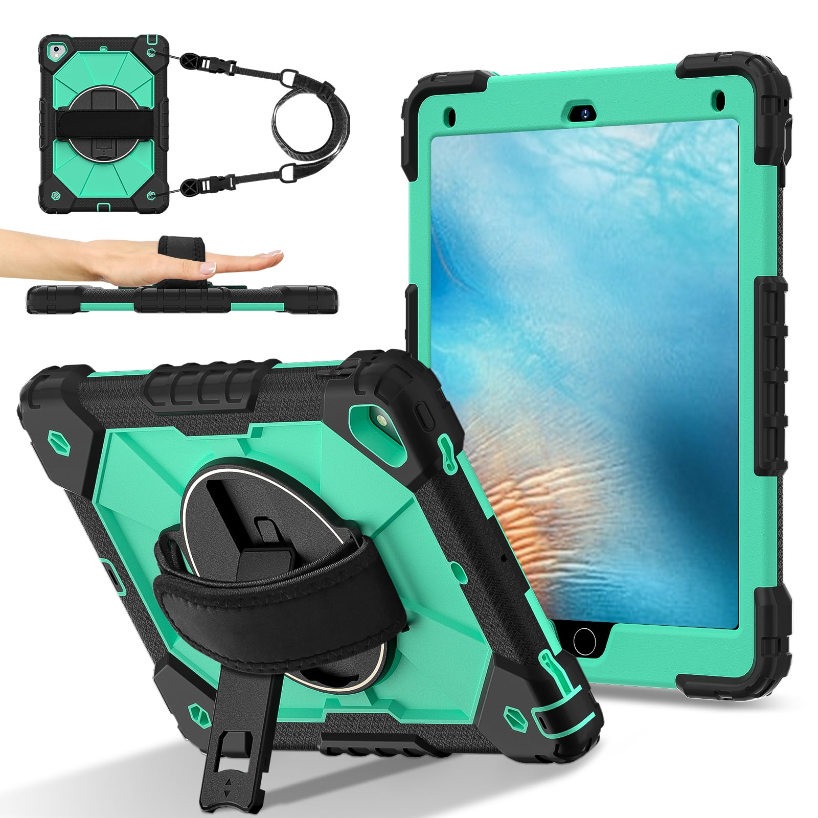 Shockproof Case for Apple iPad 6th 5th Generation 2018 2017 / iPad Air 2 9.7 Inch, Rotating Kickstand Pencil Holder Shoulder Strap Hand Strap Kids Friendly Bumper Cover, Mint