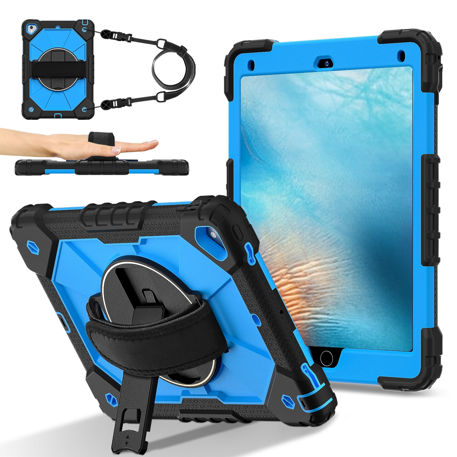 Shockproof Case for Apple iPad 6th 5th Generation 2018 2017 / iPad Air 2 9.7 Inch, Rotating Kickstand Pencil Holder Shoulder Strap Hand Strap Kids Friendly Bumper Cover, Blue+Black