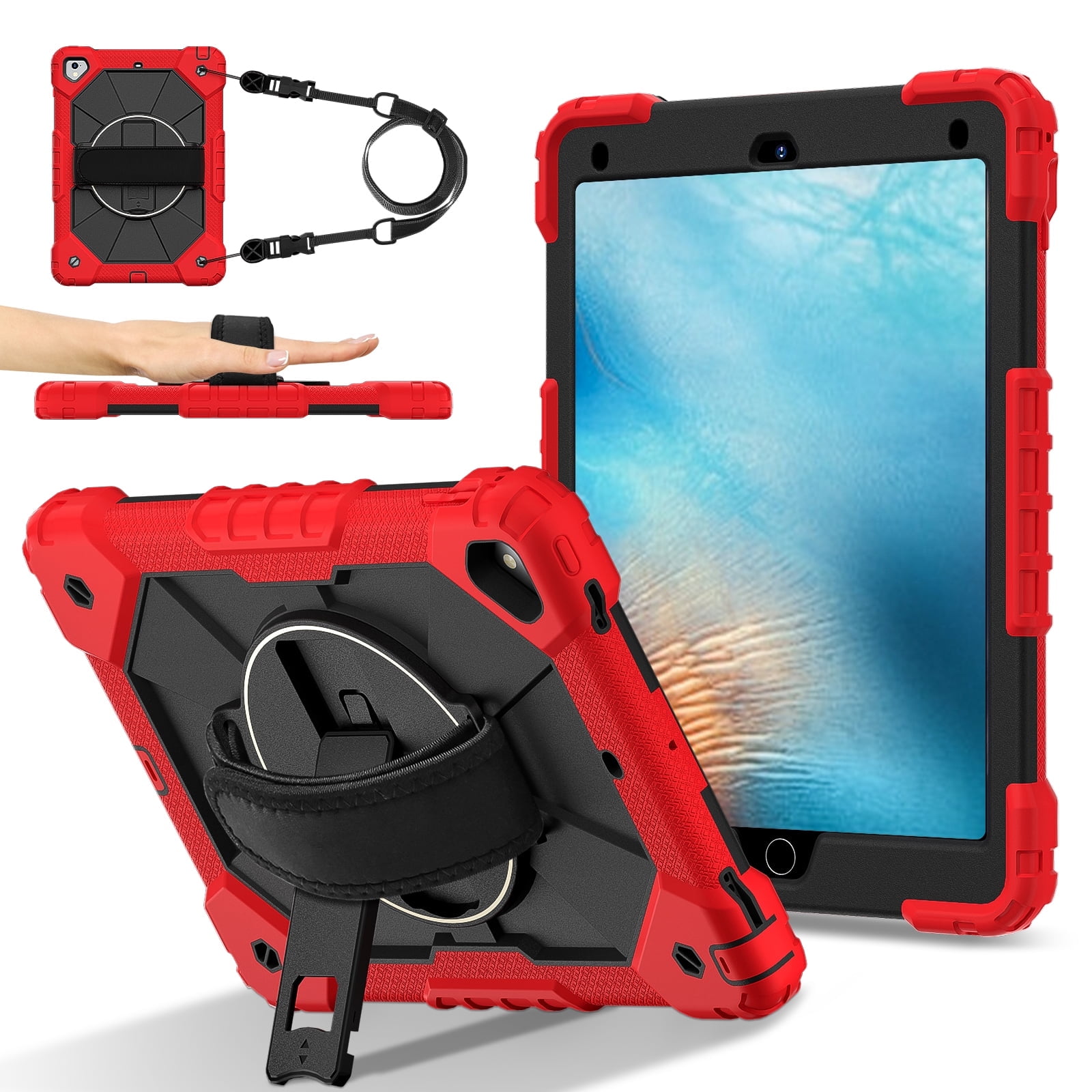 Shockproof Case for Apple iPad 6th 5th Generation 2018 2017 / iPad Air 2 9.7 Inch, Rotating Kickstand Pencil Holder Shoulder Strap Hand Strap Kids Friendly Bumper Cover, Red+Black