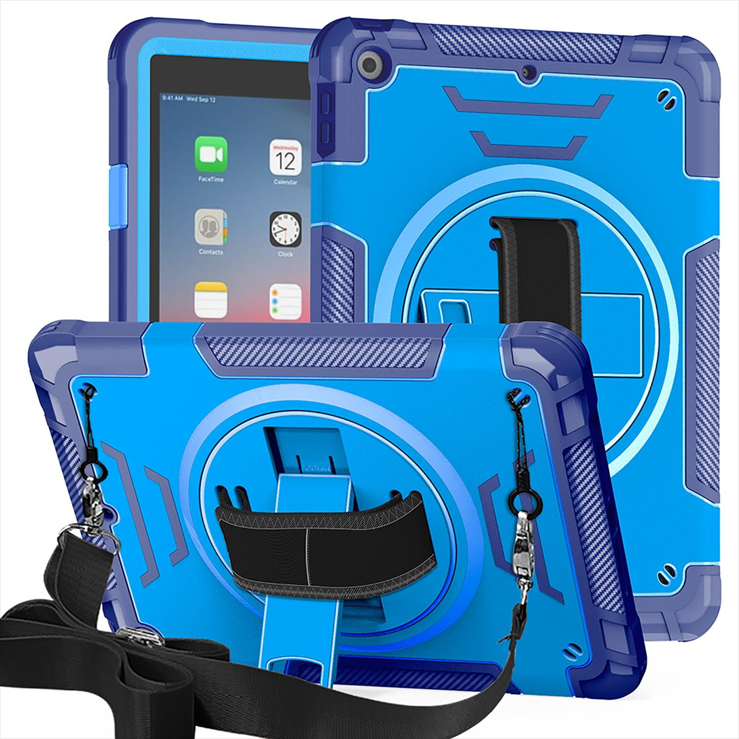 Shockproof Case for Apple iPad 6th 5th Generation, with Pencil Holder Military Grade Protection Rotating Stand Hand Strap Shoulder Strap Bumper Rugged Case for iPad 6th 5th Gen 9.7", Blue