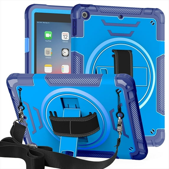 Shockproof Case for Apple iPad 6th 5th Generation, with Pencil Holder Military Grade Protection Rotating Stand Hand Strap Shoulder Strap Bumper Rugged Case for iPad 6th 5th Gen 9.7", Blue