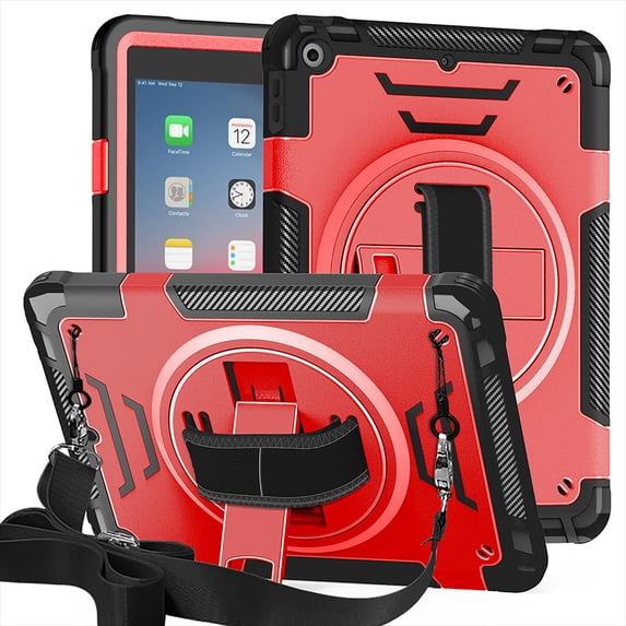 Shockproof Case for Apple iPad 6th 5th Generation, with Pencil Holder Military Grade Protection Rotating Stand Hand Strap Shoulder Strap Bumper Rugged Case for iPad 6th 5th Gen 9.7", Red