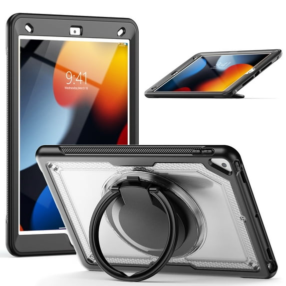 Shockproof Case for Apple iPad 9th 8th 7th Gen 10.2 Inch, Rugged Hybrid Protective Cover with Pencil Holder & Shoulder Strap Kids Friendly Rotating Kickstand Case for iPad 10.2" 2021/2020/2019,Clear