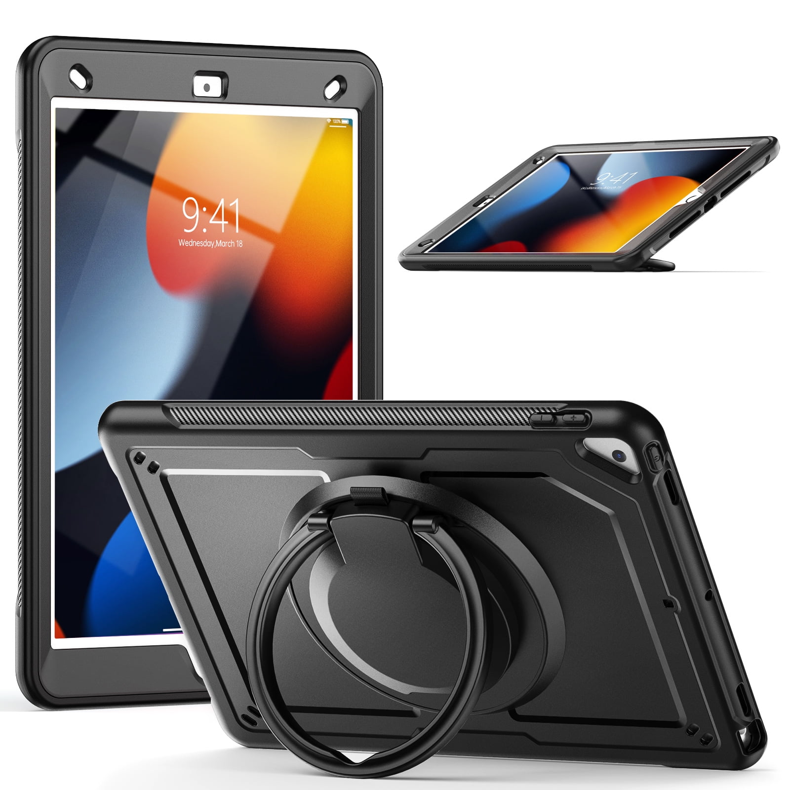 Shockproof Case for Apple iPad 9th 8th 7th Gen 10.2 Inch, Rugged Hybrid Protective Cover with Pencil Holder & Shoulder Strap Kids Friendly Rotating Kickstand Case for iPad 10.2" 2021/2020/2019,Black