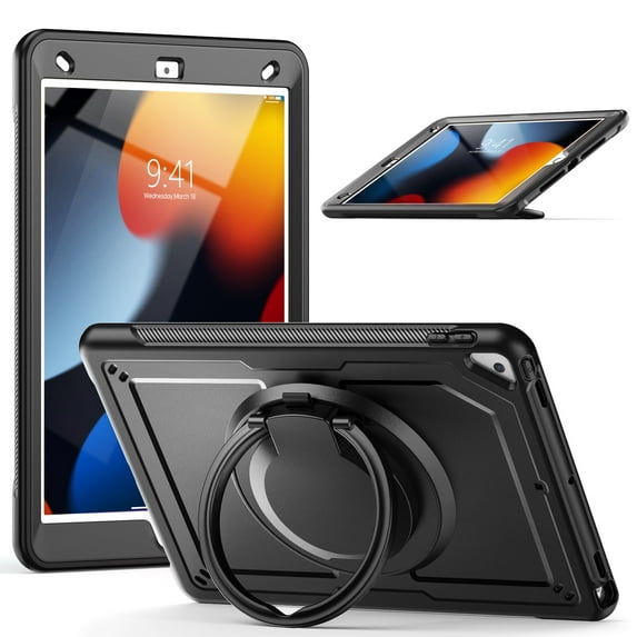 Shockproof Case for Apple iPad 9th 8th 7th Gen 10.2 Inch, Rugged Hybrid Protective Cover with Pencil Holder & Shoulder Strap Kids Friendly Rotating Kickstand Case for iPad 10.2" 2021/2020/2019,Black