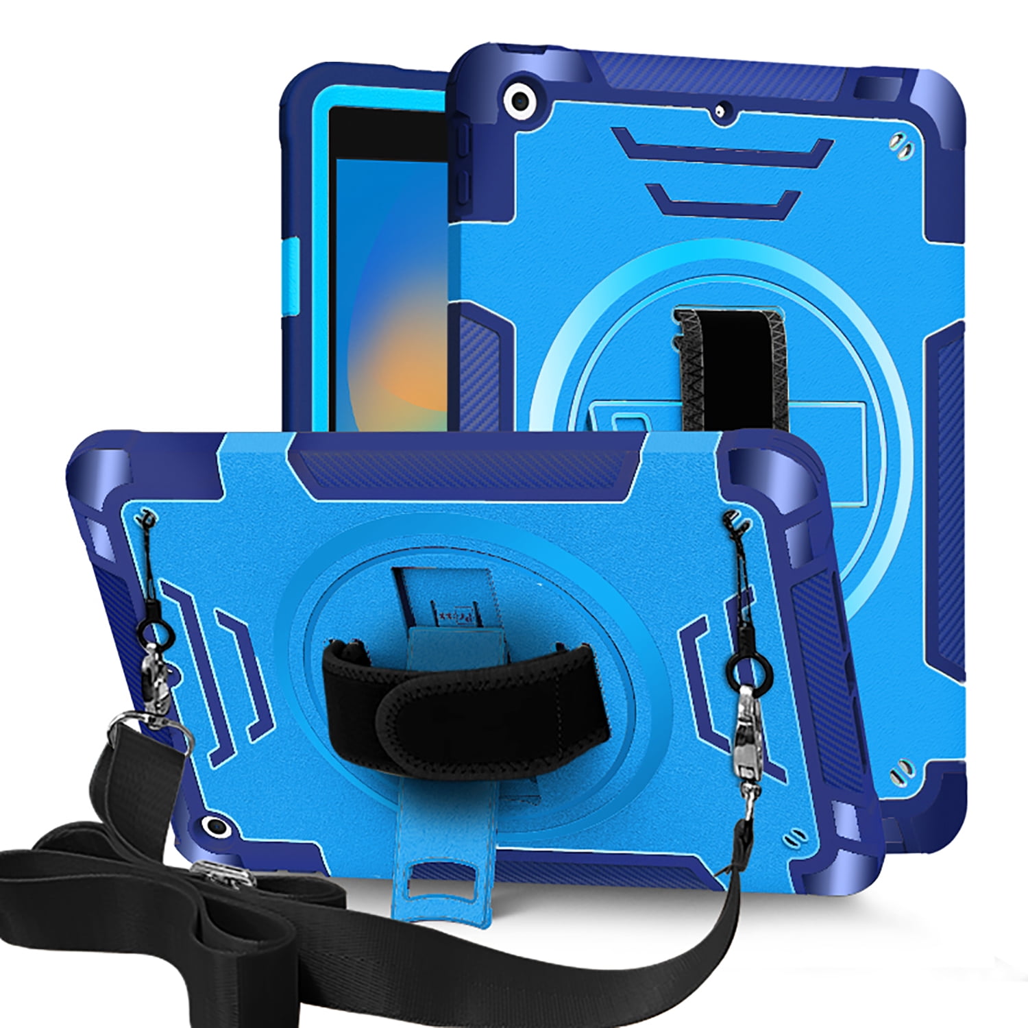 Shockproof Case for Apple iPad 9th/8th/7th Generation, with Pencil Holder Military Grade Protection Rotating Stand Hand Strap Shoulder Strap Bumper Rugged Case for iPad 10.2" 2021/2020/2019, Blue