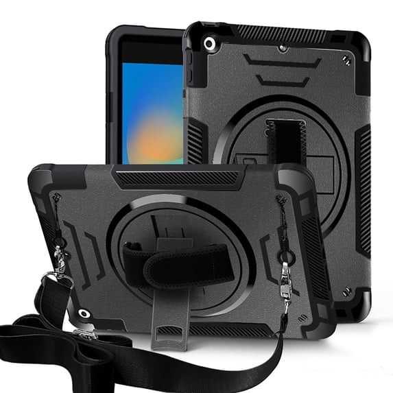 Shockproof Case for Apple iPad 9th/8th/7th Generation, with Pencil Holder Military Grade Protection Rotating Stand Hand Strap Shoulder Strap Bumper Rugged Case for iPad 10.2" 2021/2020/2019, Black