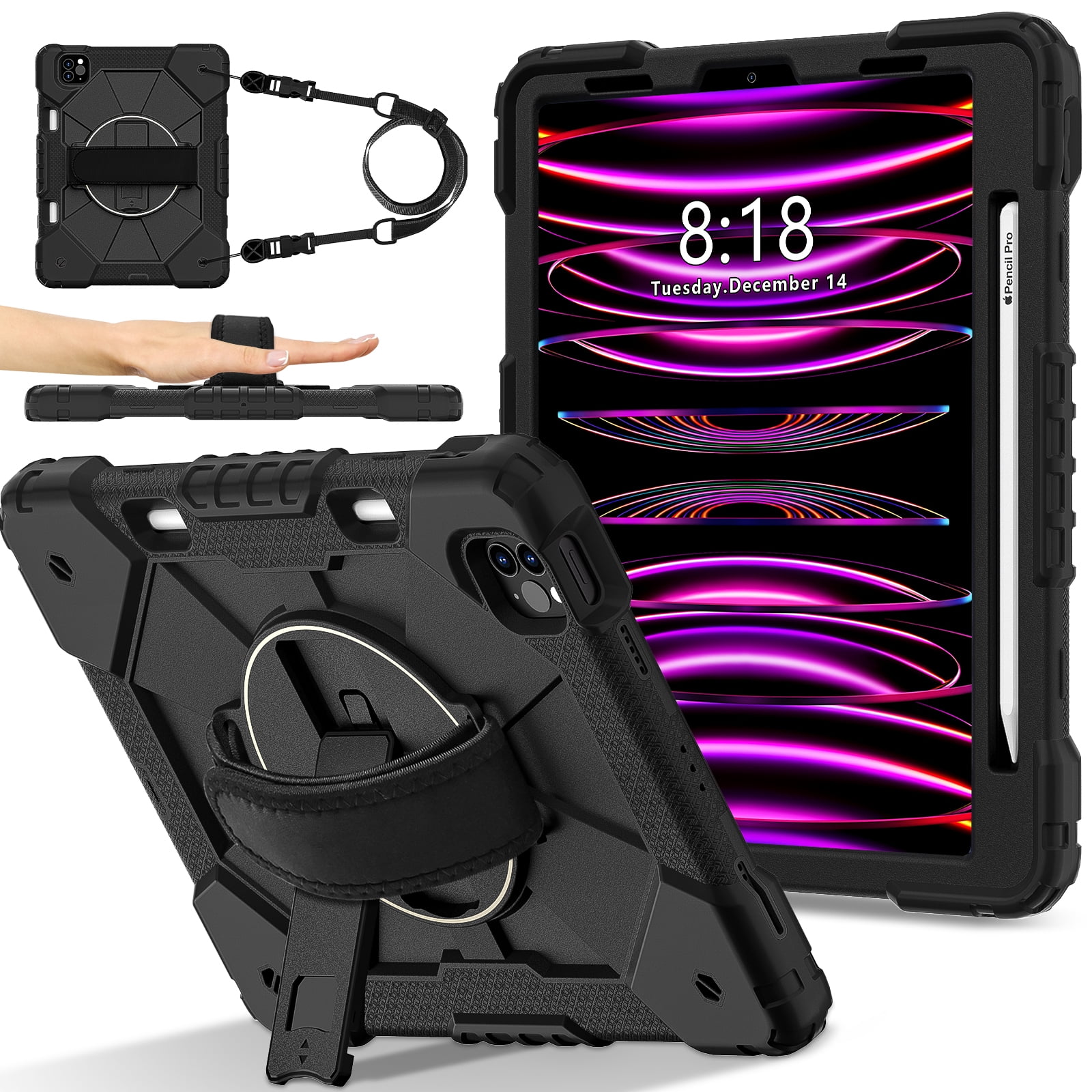 Shockproof Case for Apple iPad (A16) 11th Gen 11" 2025/ iPad 10th Gen 10.9" 2022, Rotating Kickstand Heavy Duty Protective Kids Friendly Pencil Holder Shoulder Strap Hand Strap Bumper Cover,Black