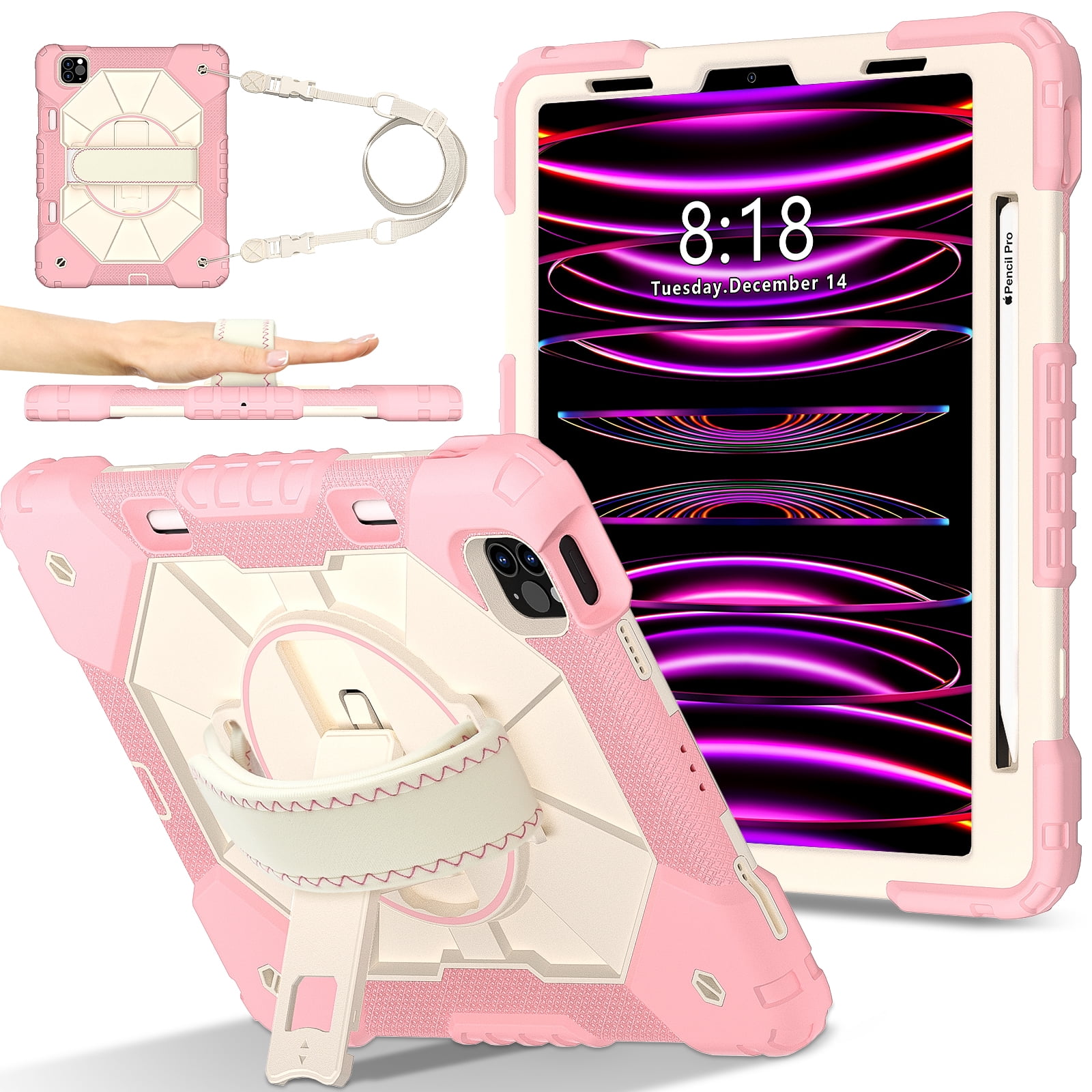 Shockproof Case for Apple iPad (A16) 11th Gen 11" 2025/ iPad 10th Gen 10.9" 2022, Rotating Kickstand Heavy Duty Protective Kids Friendly Pencil Holder Shoulder Strap Hand Strap Bumper Cover,Rosegold
