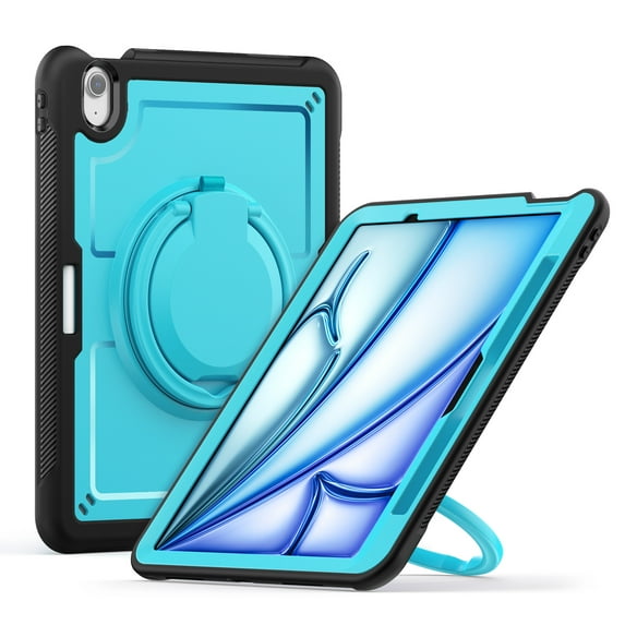 Shockproof Case for Apple iPad Air 11 Inch M3 M2 2025/2024, Rugged Hybrid Protective Cover with Pencil Holder & Shoulder Strap Kids Friendly Rotating Kickstand Case for iPad Air 11 Inch, Lightblue