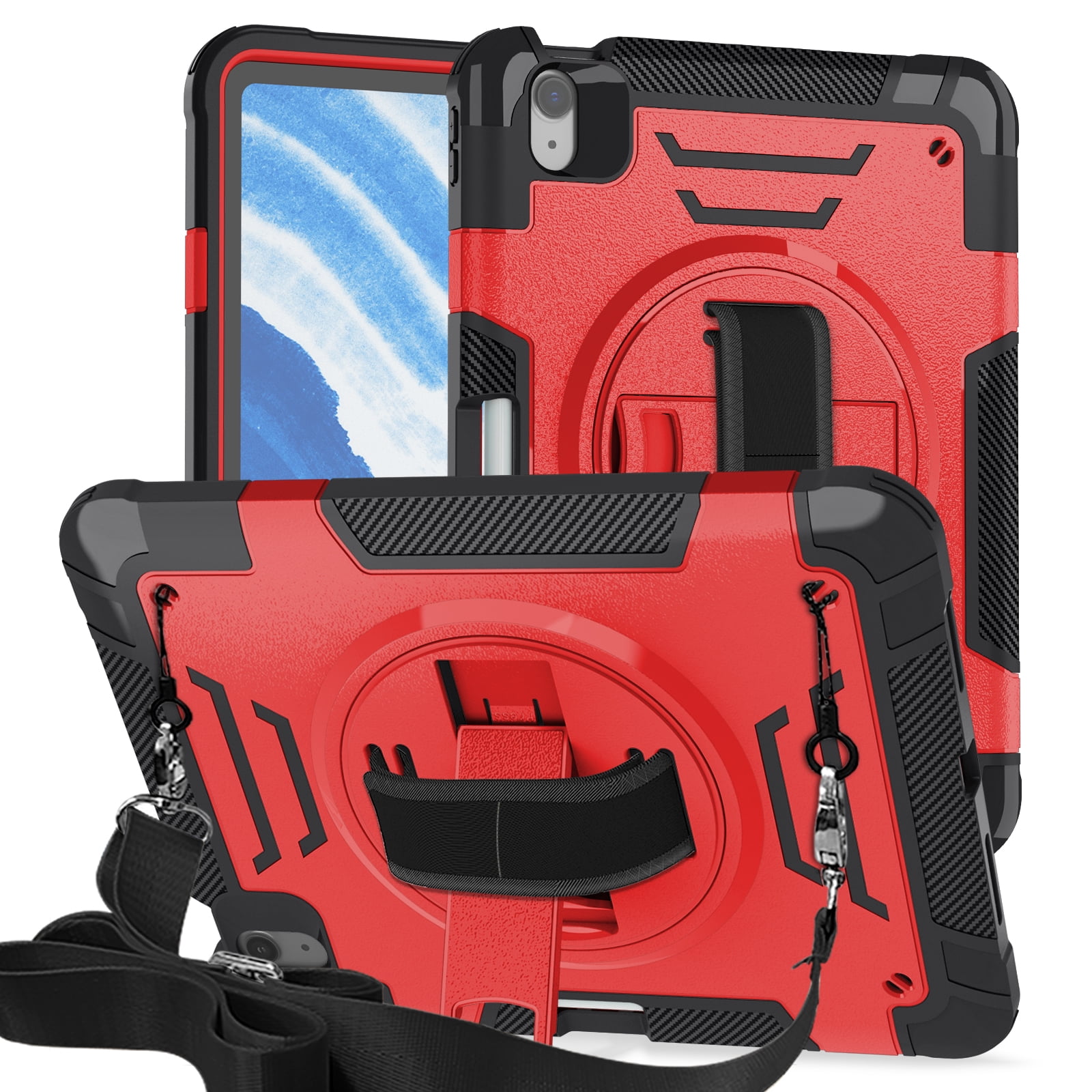 Case for Apple iPad Air 11 Inch 2026/2025/2024 M4 M3 M2, with Pencil Holder Military Grade Protection Rotating Stand Hand Strap Shoulder Strap Bumper Rugged Case for iPad Air 11",Red