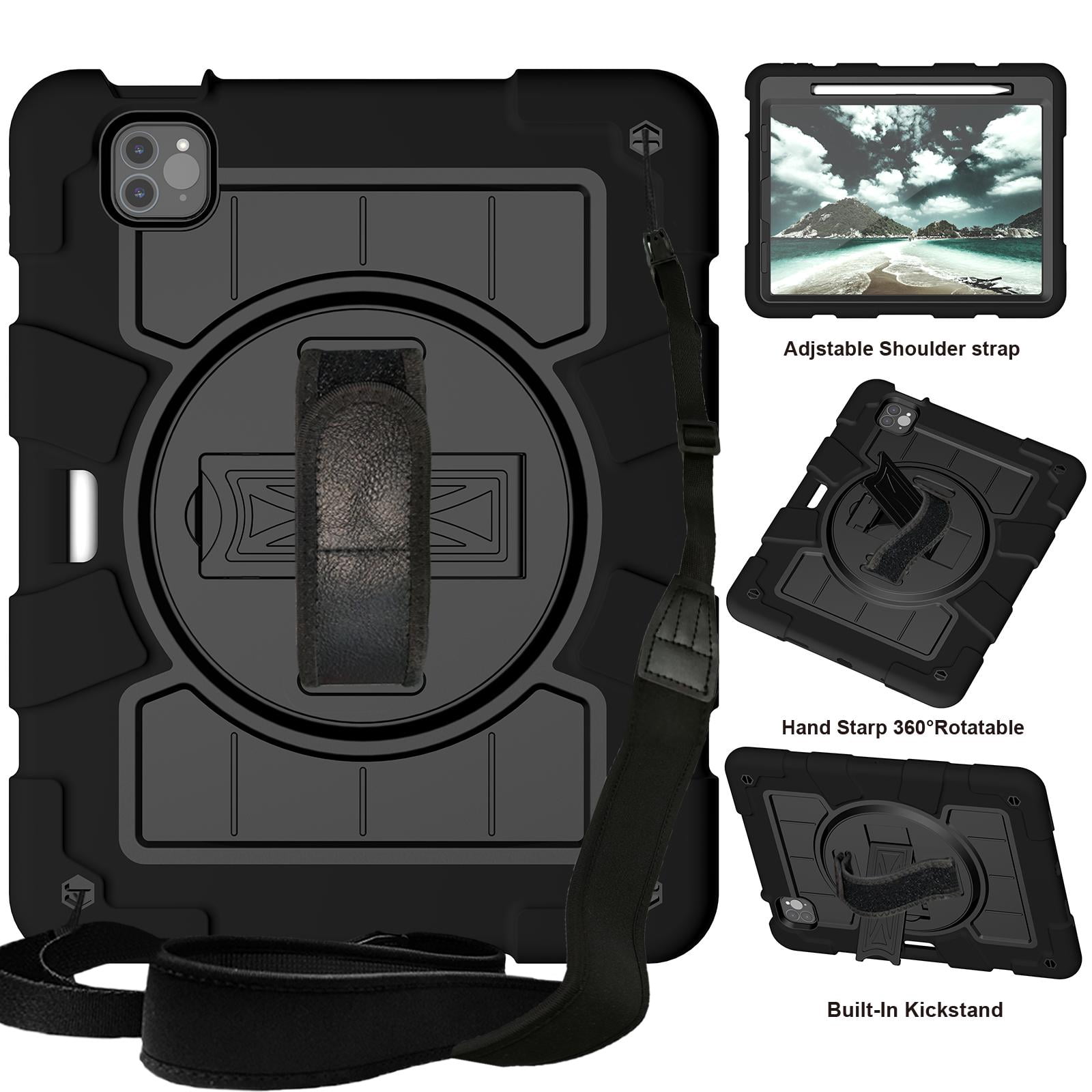 Shockproof Case for Apple iPad Air 11 Inch M4 M3 M2 2026/2025/2024, with Pencil Holder iKids Friendly Hand Strap Shoulder Strap Kickstand Anti-Scratch Case Cover for iPad Air 11",Black