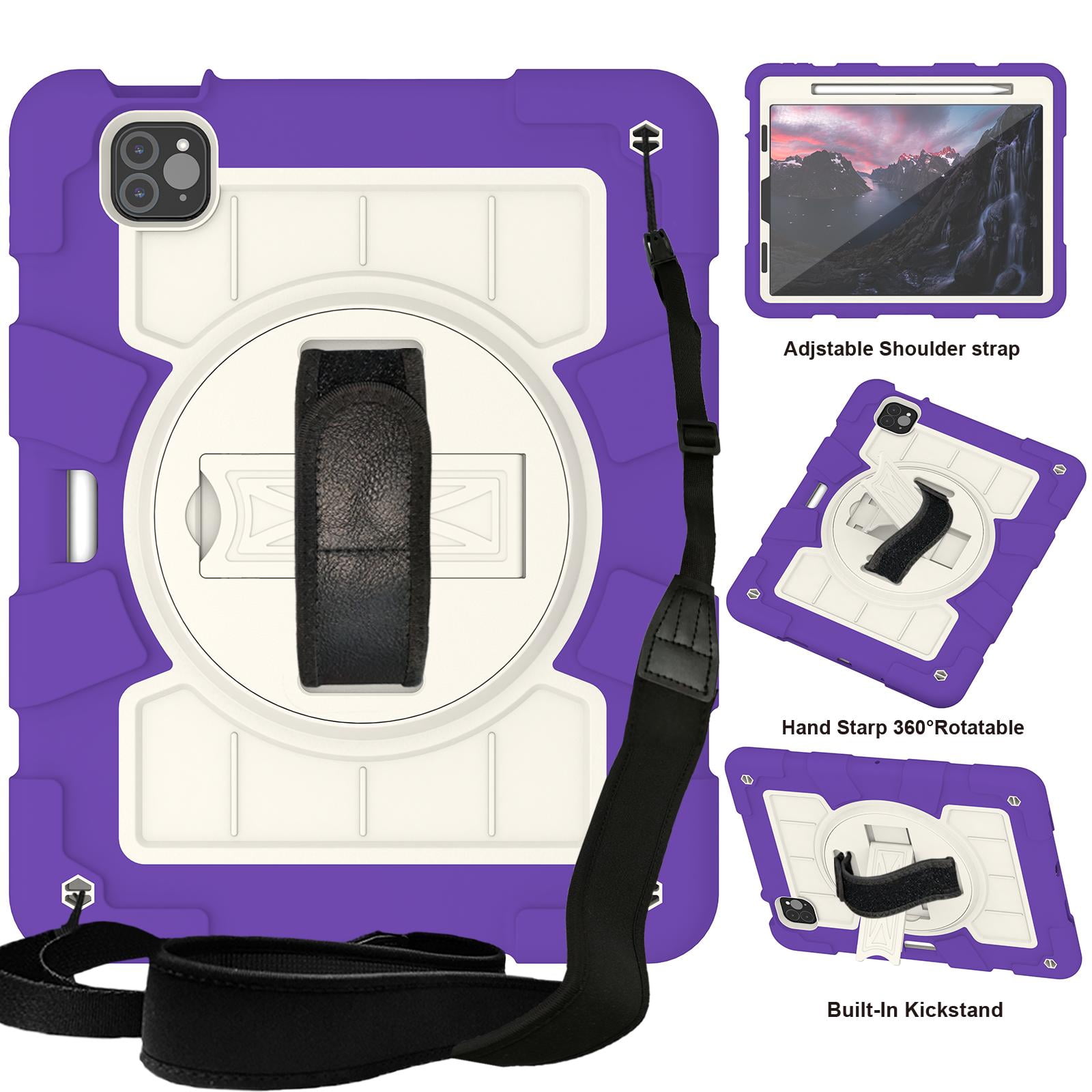 Shockproof Case for Apple iPad Air 11 Inch M4 M3 M2 2026/2025/2024, with Pencil Holder iKids Friendly Hand Strap Shoulder Strap Kickstand Anti-Scratch Case Cover for iPad Air 11",Purple